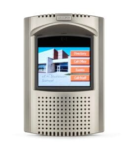 Intercom with screen displaying school options.