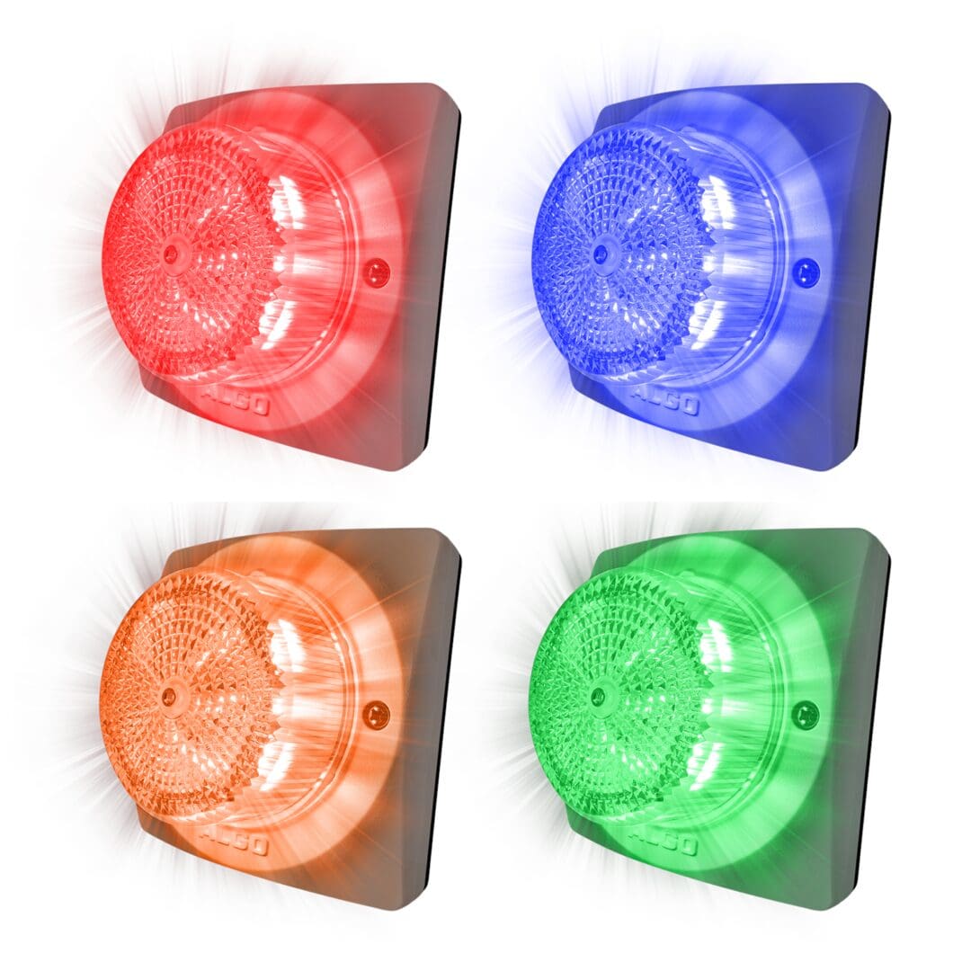 Red, blue, orange, green flashing LED lights.